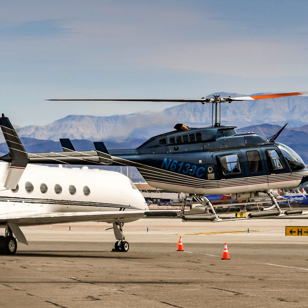 Las Vegas, Nevada, USA - February 2019:  Bell 206 Longranger helicopter (registration N6133C) arriving at McCarran International Airport in Las Vegas.